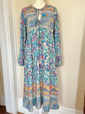 Vintage Style Bohemian Floral Peacock Long Sleeve Maxi Dress - Blue/Pink Medium